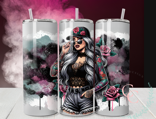 Tattooed Chic With Lace Top and Cutoffs Against a Graffiti Background 20 oz Seamless Skinny Tumbler