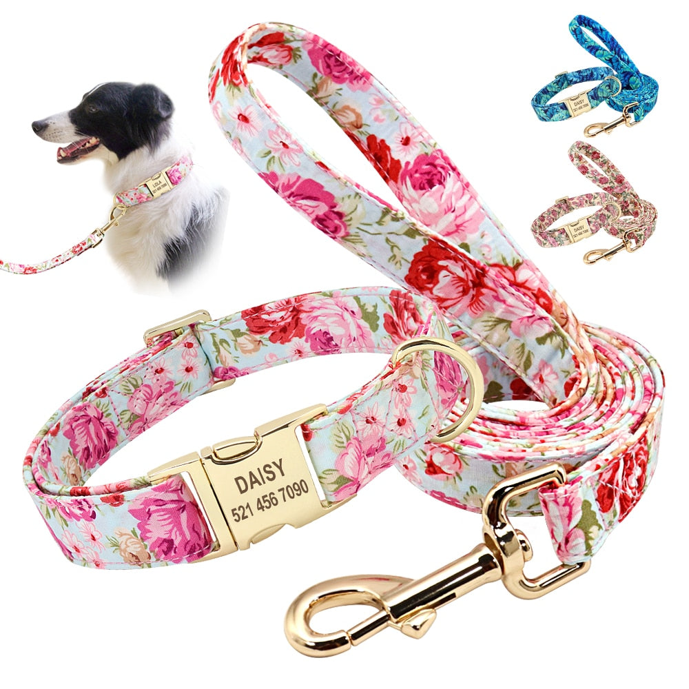 Personalized Printed Dog Collar Leash Set Customized Nylon Pet Collar Leash Free Engraved Nameplate For Small Medium Large Dogs